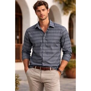 Riscatto Mens Blue Grey Striped Long Sleeve Button Down Shirt Made in ItalyLarge